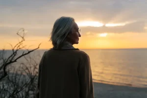 A woman takes a moment to herself on the beach, highlighting the need for mental health support for older caregivers.