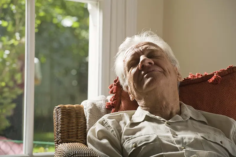 An older man falls asleep in his chair by the window, an illustration of how dementia sleep patterns can change over time.